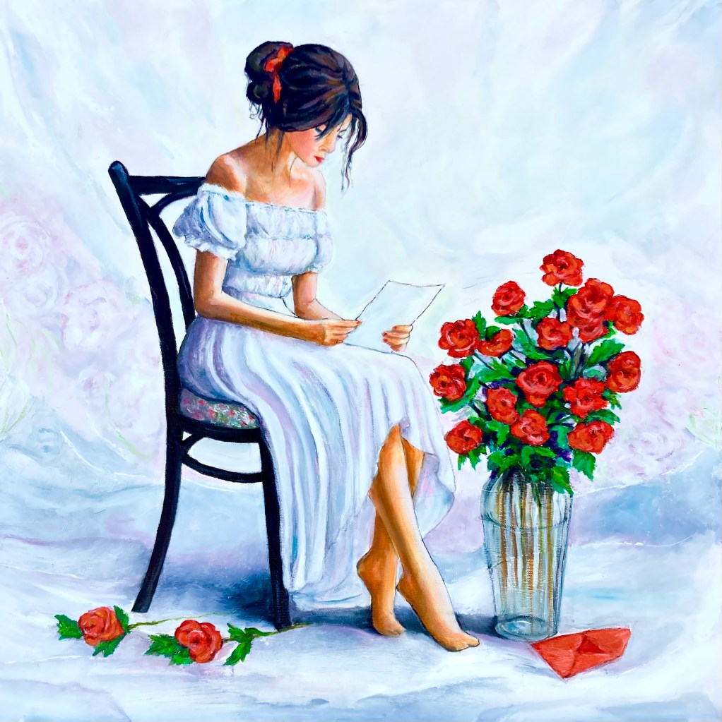 Rouge Passion Dès les premières lettres, j’entends ta voix, Dès les premières lignes, je suis bercée, Dans mon cœur, tu es l’étoile qui émoi, Tes mots, doux porteurs de tendres pensées. Cette feuille de papier, un trésor délicat, A la douceur de ta peau, Et sans que tu sois là, Ma lecture porte ton écho. Chaque mot, est un doux murmure Dans l'écrin du silence, ta présence dure, Comme, une caresse Une ode à la tendresse Cette lettre, une sphère qui sait m’enivrer, Me baigne dans ta lumière éclatante, Comme une vague, elle me fait rêver, Et m’enveloppe d'une chaleur vibrante. Cette lumière que tu dégages, Diffuse une douce chaleur, M’enveloppe tendrement, sans aucun ombrage, Et mon cœur s’ouvre, fleurissant de bonheur. Et là, sur le sol, deux rouges fleurs, Symboles d’une passion qui jamais ne se meurt, Pour toi, mon cœur, ne peut que chavirer, Fleurir et s’épanouir de beauté. Denise Turcotte