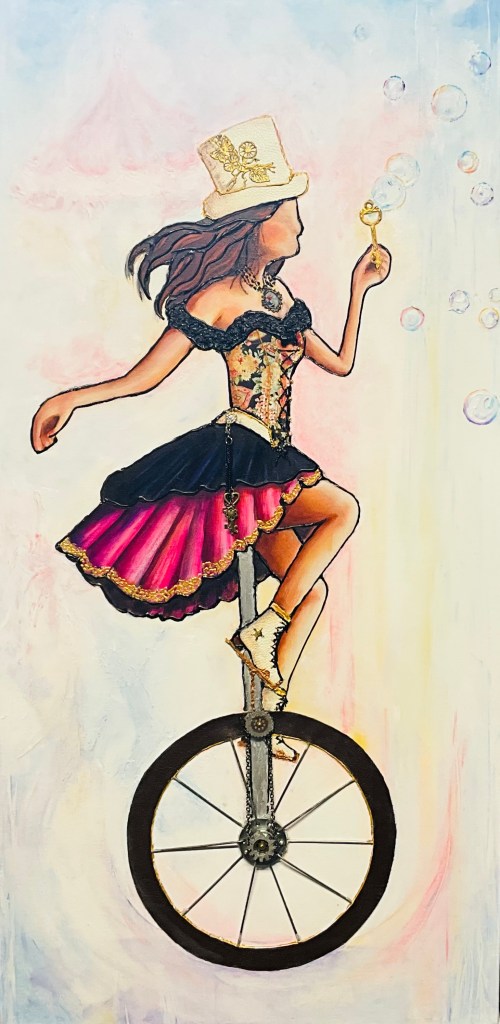 Femme sur un unicycle, vêtue dans un style Steampunk
