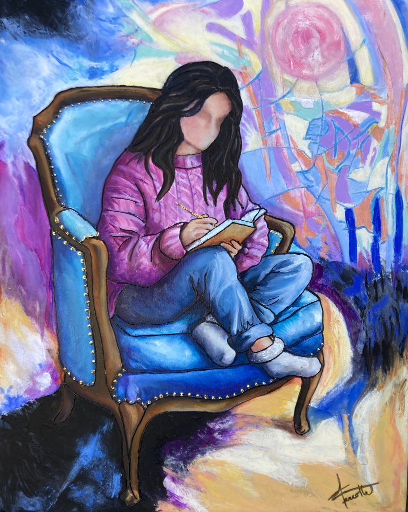 Dans un coin paisible, une jeune femme repose, délicatement installée dans un fauteuil bleu azur. Loin des tumultes du monde, elle savoure chaque seconde, bercée par le silence apaisant qui l’entoure.
